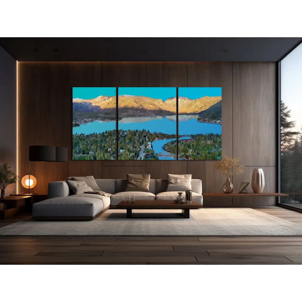 Room presentation of the Grand Lake triptych by Topher Straus